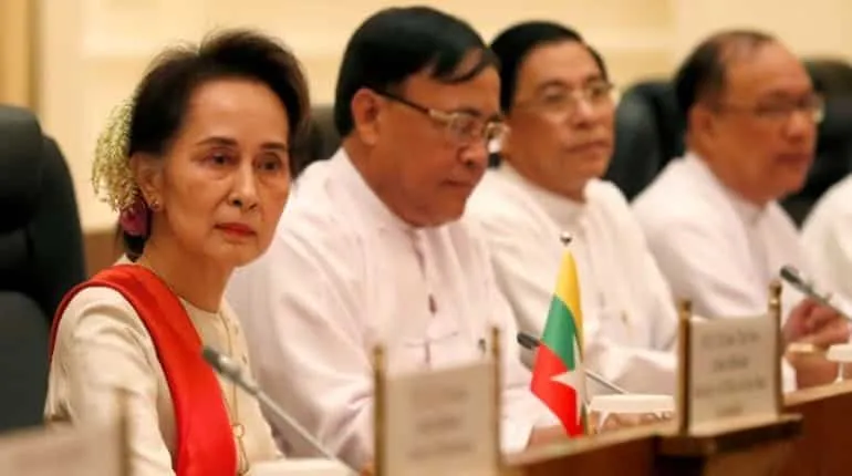 Myanmar State Counselor Aung San Suu Kyi attends the bilateral meeting with Chinese President Xi Jinping at the Presidential Palace in Naypyitaw